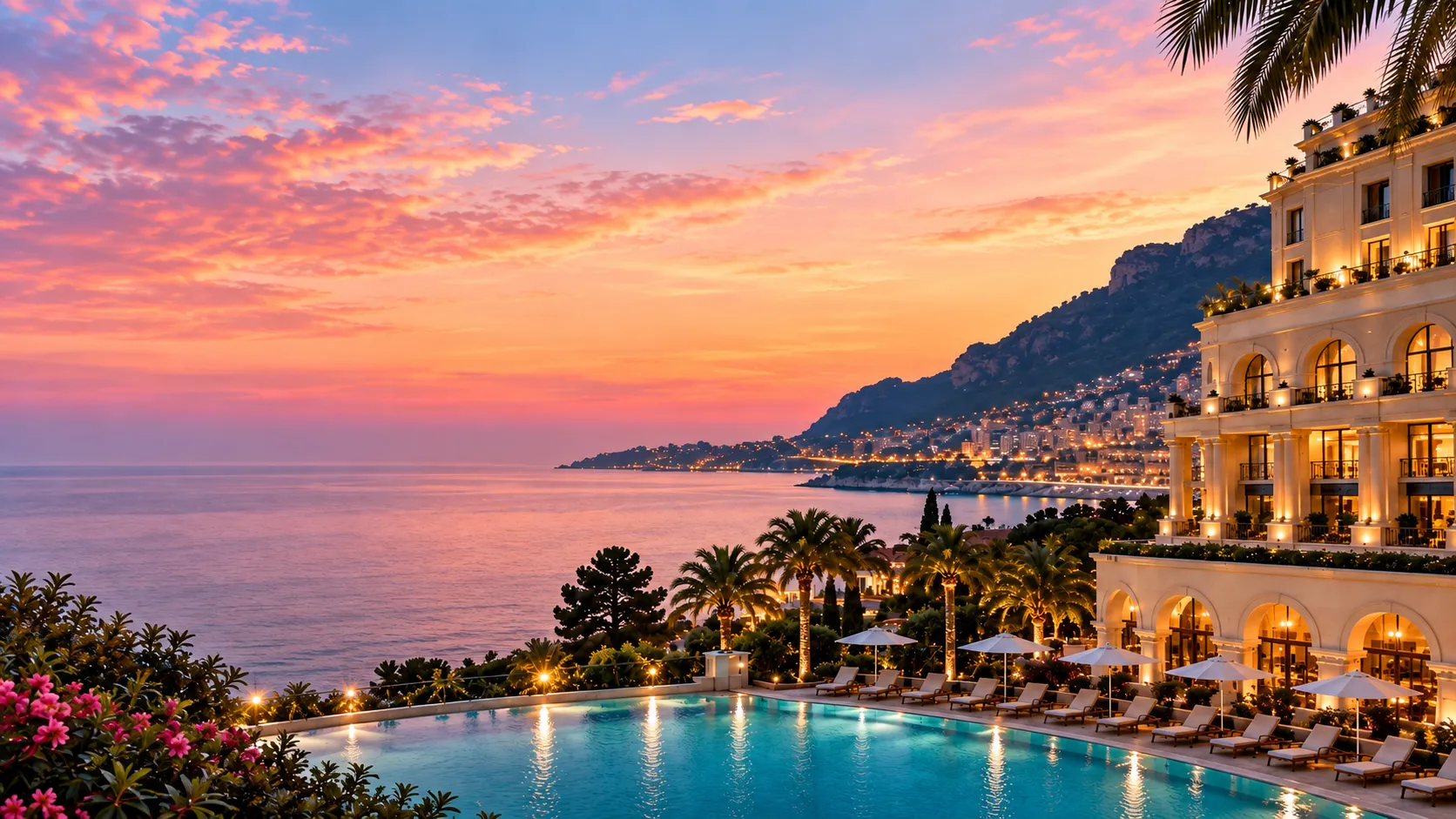 The Monte-Carlo Bay Hotel & Resort at sunset, above its poolside terrace and the Monaco coastline