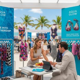 Brand representative discussing sponsorship opportunities at Miami Swim Week 2026